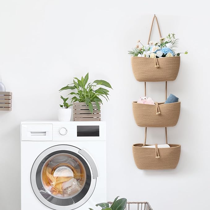 TeoKJ 3-Tier Cotton Rope Baskets with Button Strap Over the Door Wall Hanging Baskets for Nursery, Living Room, Bathroom, Door Storage Organizer for Decoration-Jute