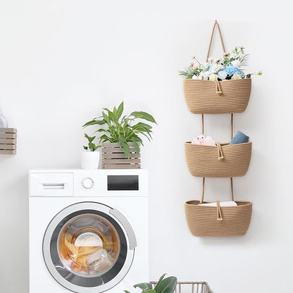 TeoKJ 3-Tier Cotton Rope Baskets with Button Strap Over the Door Wall Hanging Baskets for Nursery, Living Room, Bathroom, Door Storage Organizer for Decoration-Jute