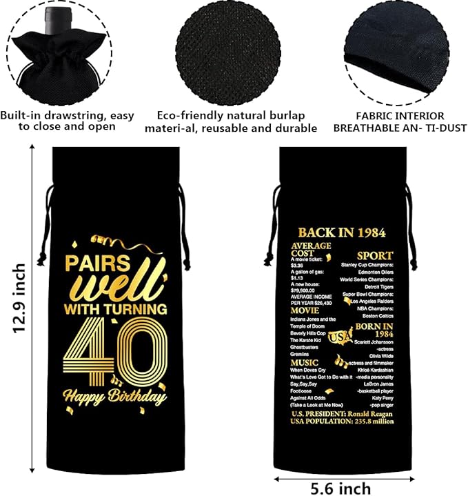 40th Birthday Gifts Wine Bag Congratulations Gifts for Women Men Parents Mom Dad Anniversary 1984 Birthday Wine Gift Bag