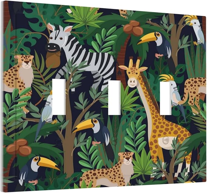 Cartoon Animal Zebra Leopard Giraffe Bird Leaf 3 Gang Nursery Light Switch Covers Decorative Triple Toggle Wall Plate Electrical Faceplate Switchplate for Kidroom Bedroom Decor
