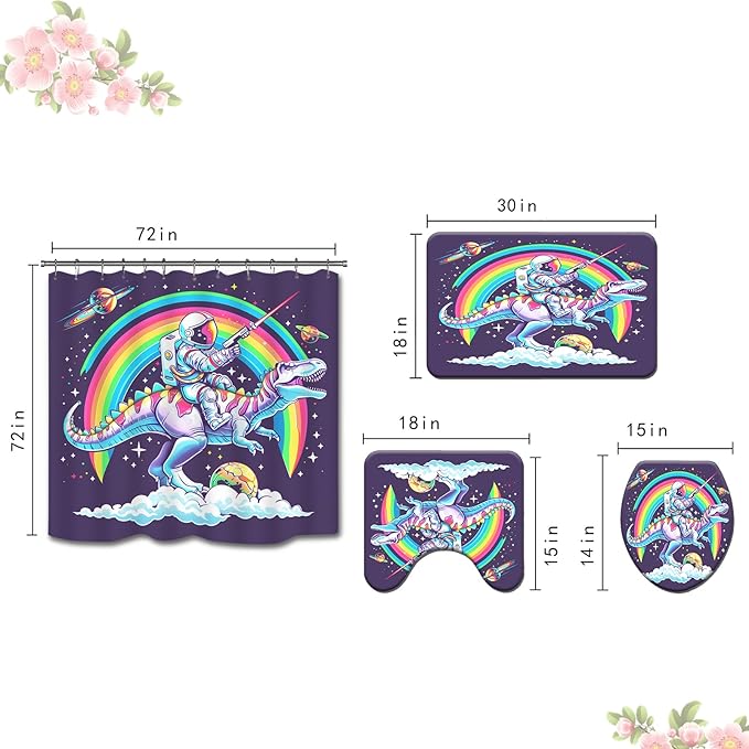 4PCS Dinosaur Shower Curtain Set with 12 Hooks for Bathroom Sets Dinosaur Decor, Non-Slip Rugs and Toilet Mat Lid Rug, Durable Waterproof for Bathroom Astronaut Rides Dinosaur Decor 72x72 Inch