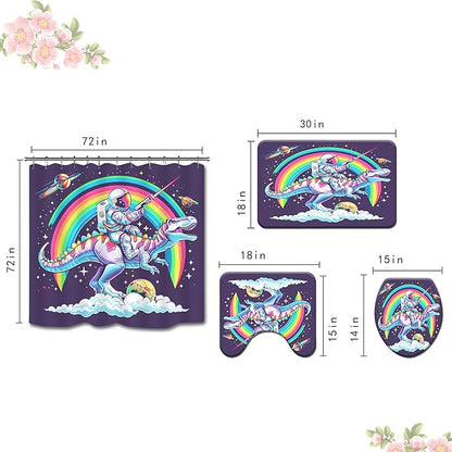 4PCS Dinosaur Shower Curtain Set with 12 Hooks for Bathroom Sets Dinosaur Decor, Non-Slip Rugs and Toilet Mat Lid Rug, Durable Waterproof for Bathroom Astronaut Rides Dinosaur Decor 72x72 Inch