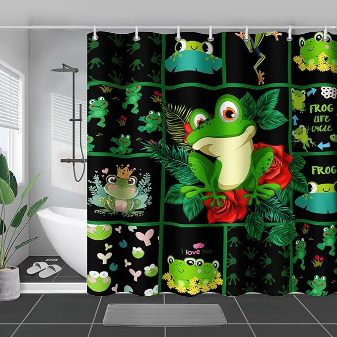 AILONEN Cartoon Frog Shower Curtain 72" W*96" H,Funny Frog Cartoon Green Animal Shower Curtain,Frog Lover Curtain Bathroom Decor Shower Curtain with 12 Hooks