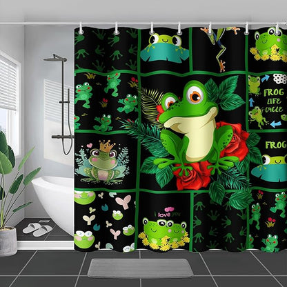 AILONEN Cartoon Frog Shower Curtain 60" W*72" H,Funny Frog Cartoon Green Animal Shower Curtain,Frog Lover Curtain Bathroom Decor Shower Curtain with 12 Hooks