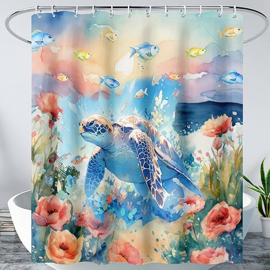 AILONEN Sea Turtle Shower Curtain,Watercolor Sea Turtle Bath Curtain for Girls Girls,Ocean Animal Fish Tie Dye Flower Shower Curtain for Bathroom Decor Waterproof with 12 Plastic Hooks, 72" W*84" H