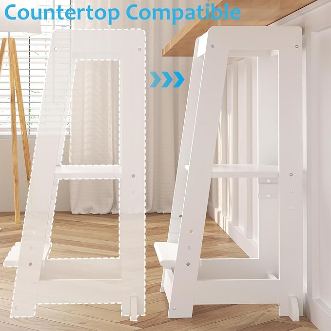 Kids Kitchen Step Stool, Step Stool for Toddlers, Adjustable Height Toddler Standing Tower, Anti-Slip Protection with guardrail, The Anti-Tipping Structure is More Stable (White)