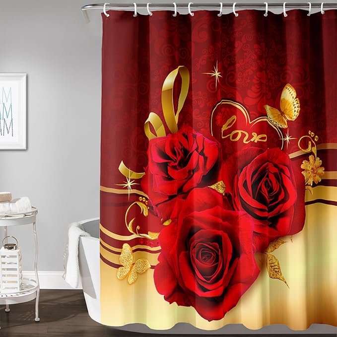 AILONEN Red and Gold Shower Curtain,Red Rose Hearts Printed Bath Curtain,Romantic Luxury Rose Flower Waterproof Curtain for Bathroom Decor 60" W x 72" H