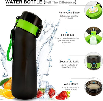 Air Water Bottle with Flavor Pods, 750ML Scent Water Cup with Flavor Pods Box，0% Sugar Fragrance Water Bottle Suitable for Outdoor Sports (Blackgreen+1pods)