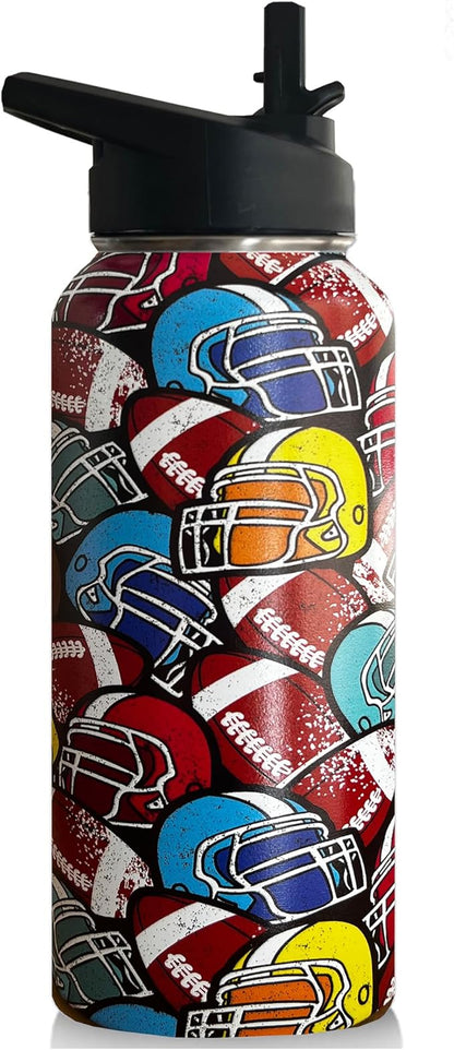 32 oz Football Water Bottle Insulated Vacuum Stainless Steel Sports Water Bottle with 2 Lids (Straw and Spout Lid) for Gym Camping Hiking