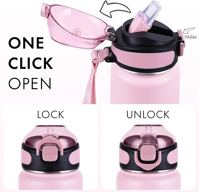 32 oz Insulated Water Bottle with Straw, Stainless Steel Metal Thermos Bottles, Durable Non-Slip Gradient Bottle with Strap for Sports and Travel, Leak Proof (Pink White)