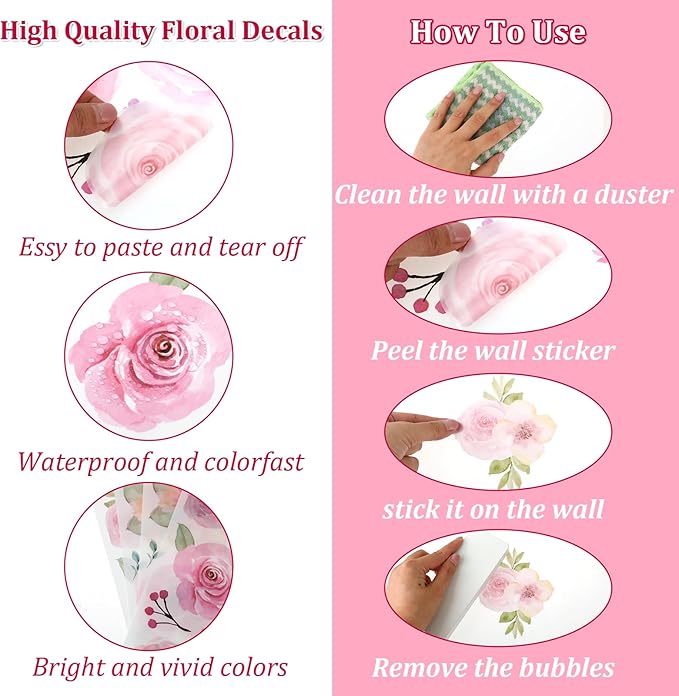 60pcs Pink Flower Wall Sticker Watercolor PVC Peel and Stick Wall Decals Cute Peony Floral and Leaves Pastel Flower Decor for Kids Bedroom Living Room Baby Nursery Kindergarten