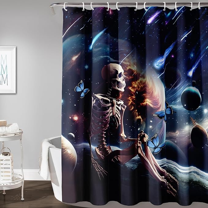 AILONEN Skull Shower Curtain for Kids,Solar System Skeleton Bath Curtain for Bathroom Decor,Galaxy Skull Polyester Waterproof with 12 Plastic Hooks for Boys Girls 72" W*96" H