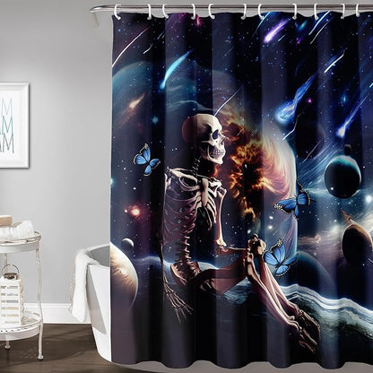 AILONEN Skull Shower Curtain for Kids,Solar System Skeleton Bath Curtain for Bathroom Decor,Galaxy Skull Polyester Waterproof with 12 Plastic Hooks for Boys Girls 72" W*96" H