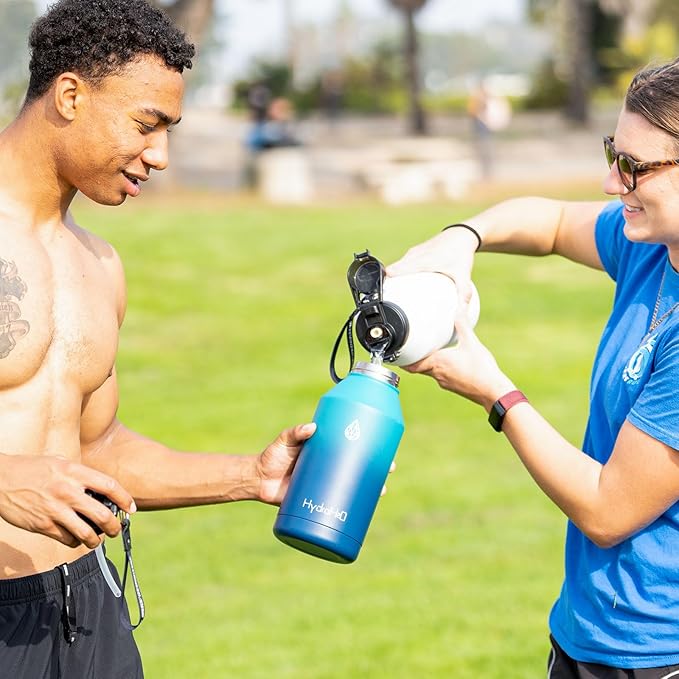 64 oz Insulated Water Bottle With Straw Pop-up & Auto Spout Lid, Flex Handel, Waterbottle Strap Carrier, Half Gallon Stainless Steel Water Water Hydro Jug Thermo Flask (Brilliant White)