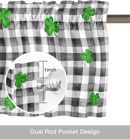 St. Patrick's Day Valances Kitchen Curtains for Windows,Buffalo Plaid Shamrock Gnome Elf Rod Pocket Valances Seasonal Spring Holiday Farmhouse Decor Short Curtains for Bedroom,54" X 18" -1 Panel