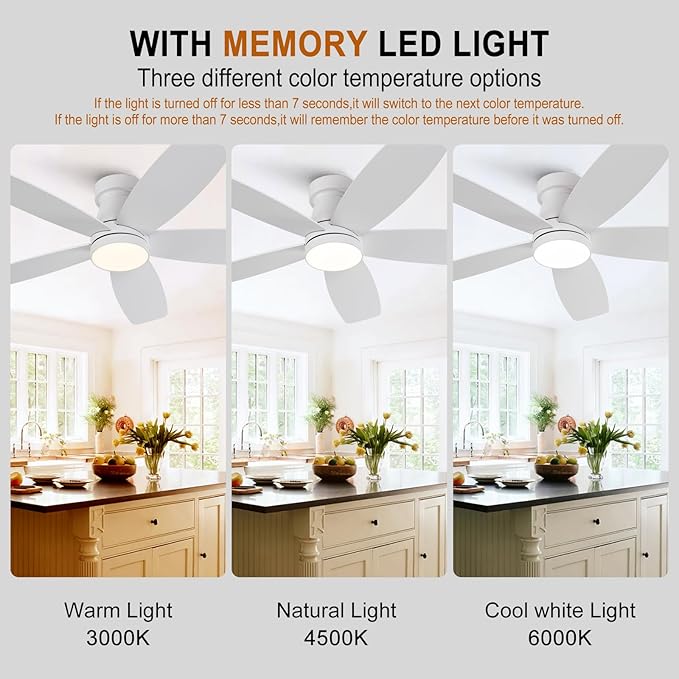 42 inch Ceiling Fans with Lights and Remote,Flush Mount White Ceiling Fan,Memory Fuction Reversible Quiet DC Motor Low Profile Ceiling Fans For Living Room Bedroom Outdoor(White&Natural Wood)