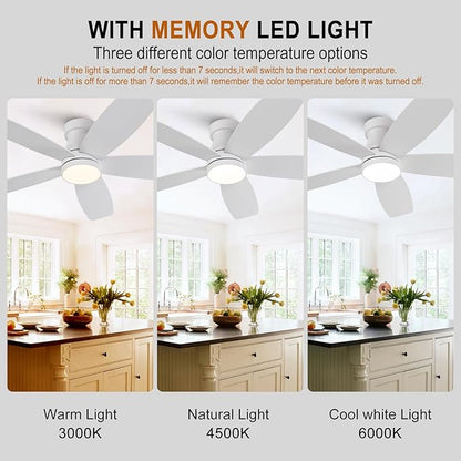 42 inch Ceiling Fans with Lights and Remote,Flush Mount White Ceiling Fan,Memory Fuction Reversible Quiet DC Motor Low Profile Ceiling Fans For Living Room Bedroom Outdoor(White&Natural Wood)