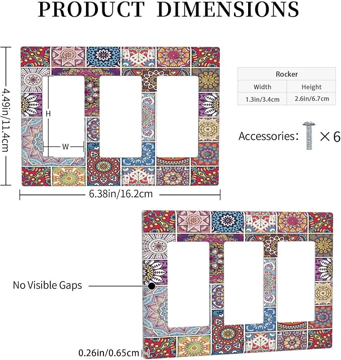 Morocco Talavera Mexican Tiles Printed Colroful Mandala 3 Gang Rocker Light Switch Covers Triple Outlet Wall Plate Decorative Switchplate Cover Faceplate GFCI for Kitchen Bathroom Bedroom Decor