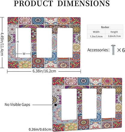 Morocco Talavera Mexican Tiles Printed Colroful Mandala 3 Gang Rocker Light Switch Covers Triple Outlet Wall Plate Decorative Switchplate Cover Faceplate GFCI for Kitchen Bathroom Bedroom Decor