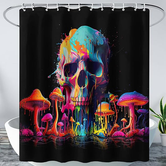 AILONEN Mushroom Skull Shower Curtain for Bathroom, 3D Oil Painting Mushroom Skull Bath Curtain for Kids Boys Girls,Modern Abstract Print Waterproof Black Curtain with 12 Plastic Hooks, 36" W*72" H