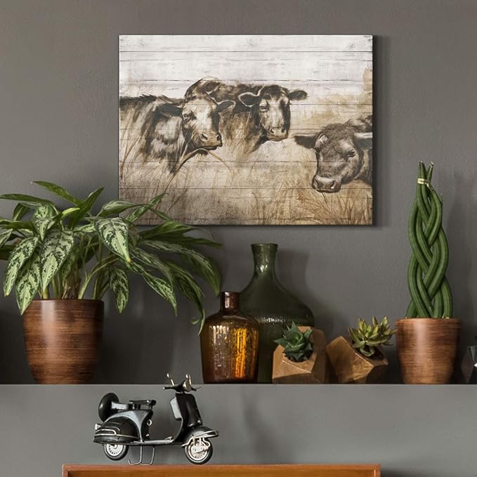 Renditions Gallery Canvas Animal Wall Art Modern Decorations Paintings Vintage Sepia Cows Abstract Black & White Farmhouse Artwork Prints for Bedroom Office Kitchen - 12"x18" LT33