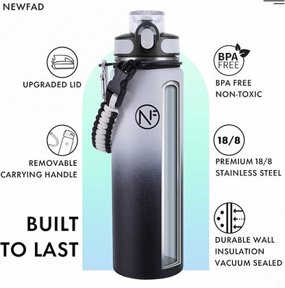 32 oz Insulated Water Bottle With Detachable Straw & Paracord Handle, Stainless Steel Thermos Water Bottle with Leakproof Lockable Lid, BPA-Free Sports Bottle (White Black Gradient)