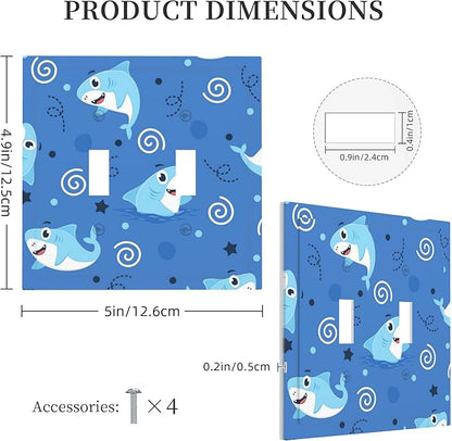 Cute Sharks Cartoon Double Toggle Light Switch Covers 2 Gang Wall Plate Dual Decorative Switchplate Electrical Faceplate for Bathroom Country Kitchen Bedroom Decor, 4.9" x 5"
