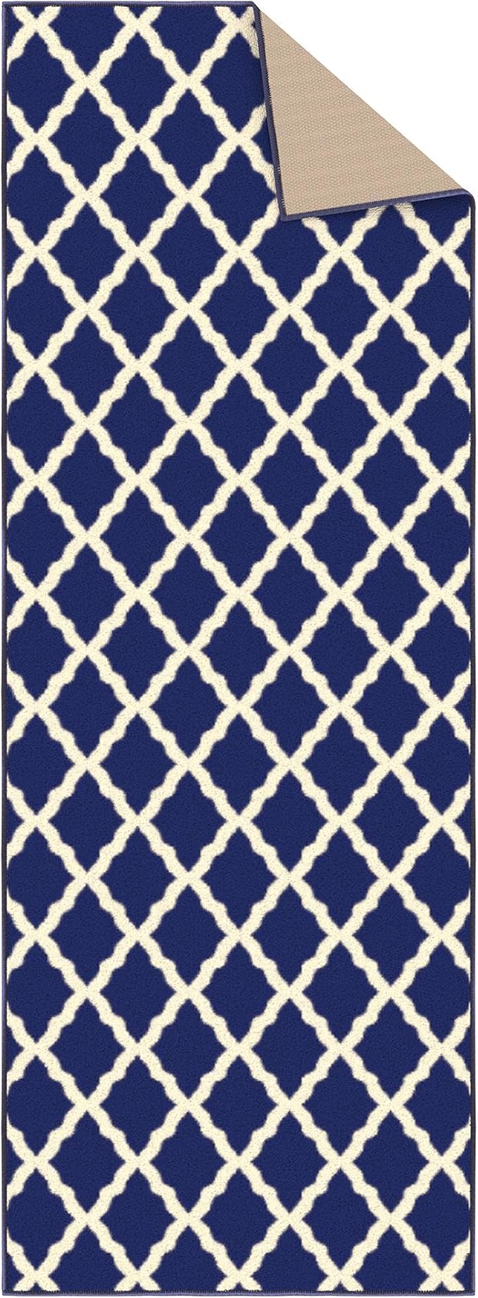 Machine Washable Moroccan Trellis Design Non-Slip Rubberback 2x6 Traditional Indoor Runner Rug for Hallway, Kitchen, Bedroom, 2'2" x 6', Navy