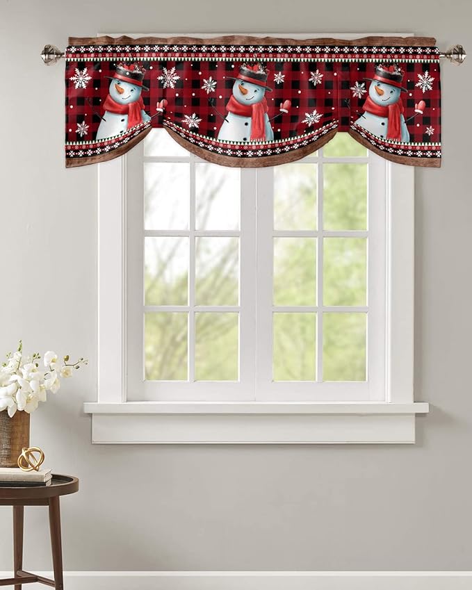 Christmas Blackout Tie Up Valance Curtains for Kitchen Windows Funny Snowman Snowflake Window Toppers Balloon Shades for Living Room/Bathroom/Bedroom,1 Panel,54" X 18" Red Farmhouse