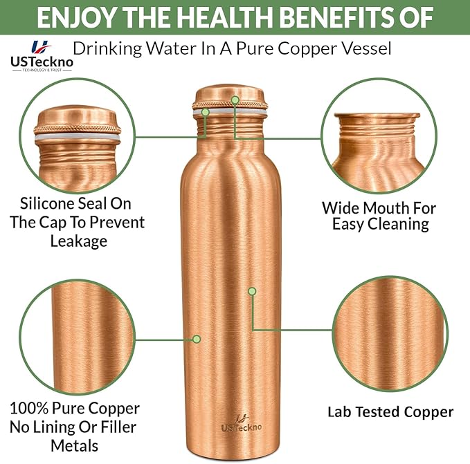 Copper Water Bottle - 34 Oz Extra Large Handcrafted Ayurvedic Copper Bottle for Travel,Yoga,Gym Lower Your Sugar Intake And Enjoy Health Benefits Immediately. Lab Tested (Smooth Finish)