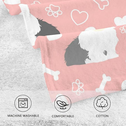 Pink Old English Sheepdog Bath Hand Towel Soft Cotton Highly Absorbent Fingertip Towels for Bathroom Beach Kitchen Sports Gym Yoga Travel (2-Pieces Towel Sets, 28x16 inch)