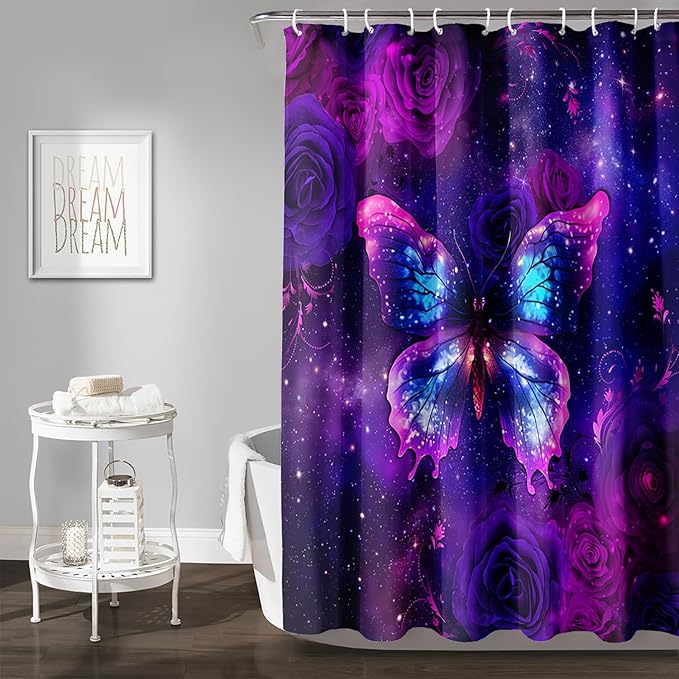 AILONEN Butterfly Shower Curtain Bathroom 60" W*72" H Sparkly Purple Butterfly and Rose Curtain Cloth Fabric Bathroom for Girls Kids,Deep Purple Shower Curtain Set