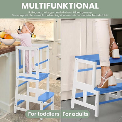 COSYLAND Kids Kitchen Step Stool, Toddler Standing Tower with CPC & FSC Certification, Removable Anti-Drop Railing Safety Rail Enjoys Unique Patented Design A Anti-tip Stable Structure Blue & White