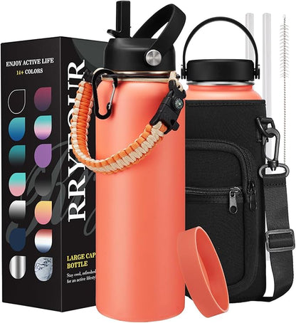40 OZ Stainless Steel Water Bottle - with Straw, Leak Proof & BPA-Free, 40oz Insulated Water Bottles Thermal Flask Jug with Paracord Handle & Straw Spout Lids, Cold for 48 Hrs