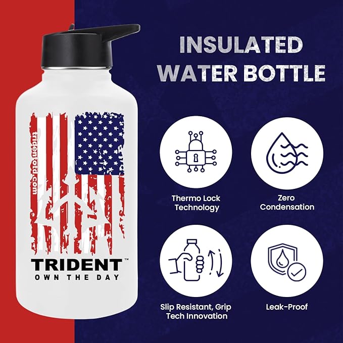 American Flag 64 oz Water Bottle, Reusable Water Bottle with Straw, Leak Proof Water Bottles, 64oz Insulated Water Bottle, Thermos Water Bottle - Retired Navy Combat Vet Small Business (White, 64 Oz)