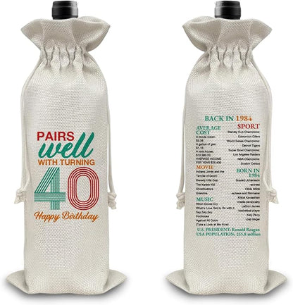 40th Birthday Gifts Wine Bag Congratulations Gifts for Women Men Parents Mom Dad Anniversary Favors 1984 with Time Information Wine Gift Bag