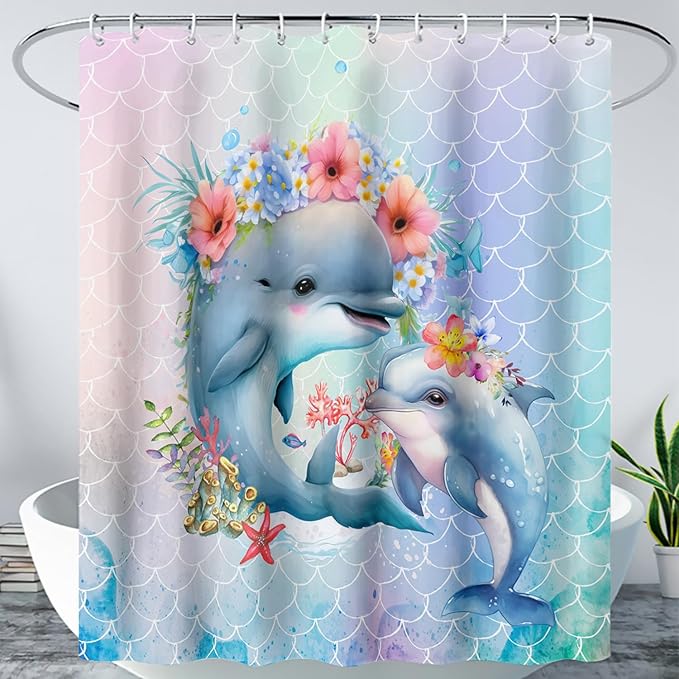 AILONEN Cute Dolphin Shower Curtain,Color Mermaid Scale Print Shower Curtain with 12 Plastic Hooks,Kawaii Ocean Dolphin Print Bath Curtain Decorative Waterproof 48" W*72" H