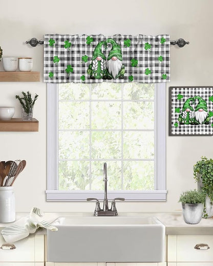 St. Patrick's Day Valances Kitchen Curtains for Windows,Buffalo Plaid Shamrock Gnome Elf Rod Pocket Valances Seasonal Spring Holiday Farmhouse Decor Short Curtains for Bedroom,54" X 18" -1 Panel