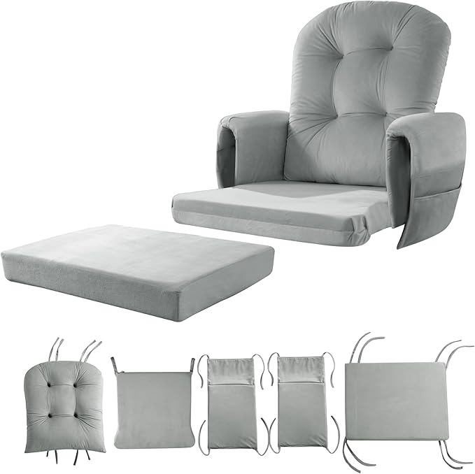 5 PCS Velvet Glider Rocker Replacement Cushions with Side Storage Pocket, Thickened & Supportive Cushions Set for Indoor Nursery Rocking Chair, Llight Grey