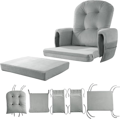 5 PCS Velvet Glider Rocker Replacement Cushions with Side Storage Pocket, Thickened & Supportive Cushions Set for Indoor Nursery Rocking Chair, Llight Grey