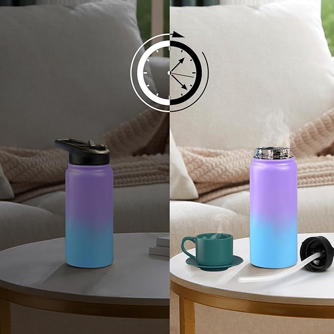 20oz Stainless Steel Water Bottle with Stickers and Straw for School Outdoor Sports and Travel Blue Purple Ideal for Boys Girls Gifts