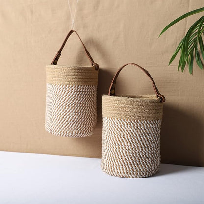 Hanging Basket(2Piece) Wall Woven Cotton Rope Storage Basket with Leather Decorative Baskets Organizer for Kitchen Office Bedroom,Plants,Towels, Toys Khaki