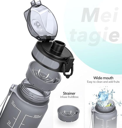 32oz Motivational Water Bottle with Time Marker & Fruit Strainer, Leak-proof BPA Free Non-Toxic 1l Bottle with Carrying Strap, Perfect for Fitness, Gym and Outdoor Sports (Graphite)