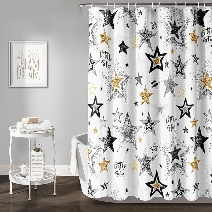 AILONEN Star Shower Curtain, Grey and Gold Tie Dye Star Bathroom Curtain,Minimalist Shower Curtain 72" W*84" H Polyester Waterproof Bathroom Curtain with 12 Hooks