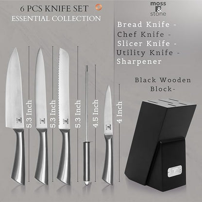 Moss & Stone Professional Kitchen Knife Chef Set, 6 Pcs Small Knife Set With Block, Premium Kitchen Knife Set Stainless Steel, Scratch Resistant & Rust Proof, Knife Block With Sharp Cooking Knives.