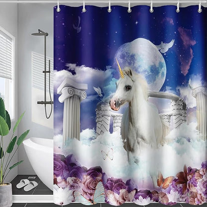 AILONEN Unicorn Shower Curtain, Holy Unicorn Theme Shower Curtain for Girls Teens Bathroom,3D Flower Butterfly Waterproof Fabric Shower Curtain Set,72" W*72" H