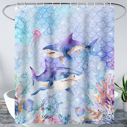 AILONEN Cartoon Shark Shower Curtain for Kids Boys Girls,Blue Ocean Coral Shell Fish Scale Coast Bathroom Curtain, 48" W*72" H Bath Curtain Polyester Waterproof Shower Curtain with 12 Hooks