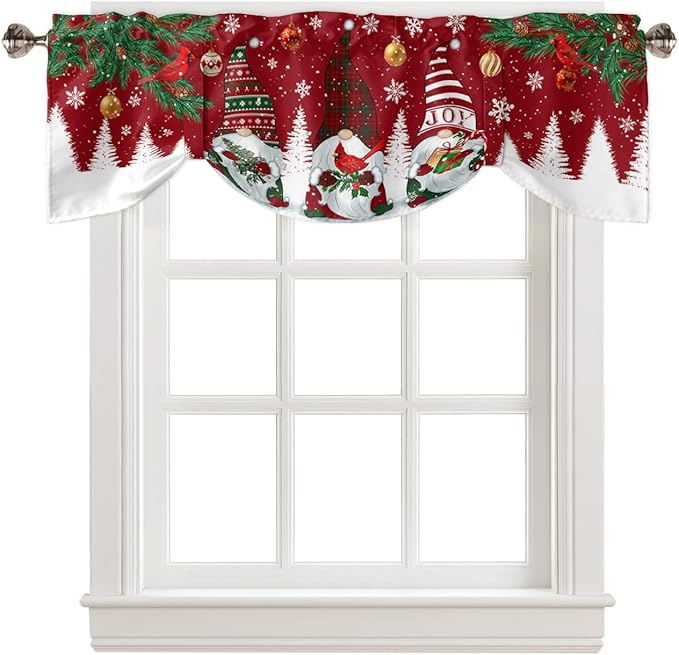 Christmas Gnomes Blackout Tie Up Valance Curtains for Kitchen Windows Red Winter Holidays Window Toppers Balloon Shades for Living Room/Bathroom/Bedroom,1 Panel,42" X 12" White Snowflakes Xmas Trees
