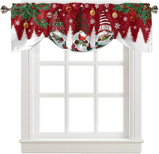 Christmas Gnomes Blackout Tie Up Valance Curtains for Kitchen Windows Red Winter Holidays Window Toppers Balloon Shades for Living Room/Bathroom/Bedroom,1 Panel,42" X 12" White Snowflakes Xmas Trees