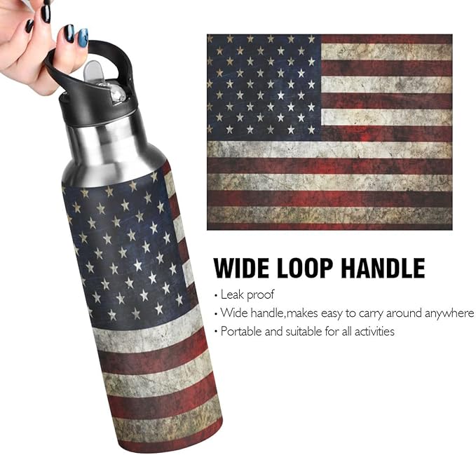 ALAZA American Flag Patriotic Water Bottle With Straw Lids Boys Girls,Vacuum Insulated Leakproof Stainless-Steel Sports Bottle Thermal Flask For Gym Yoga Camping,20Oz (600Ml)